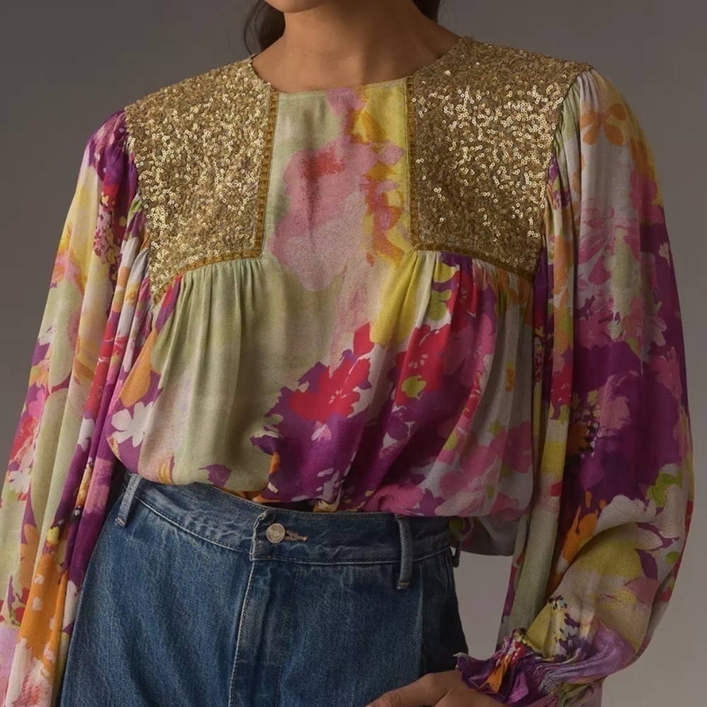NWT Anthropology Bi-Ink Sequins Details Multicolor Woman Blouse Size US XL